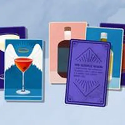 Illustration of temperance-theme tarot cards with non-alcoholic cocktails and bottles depicted