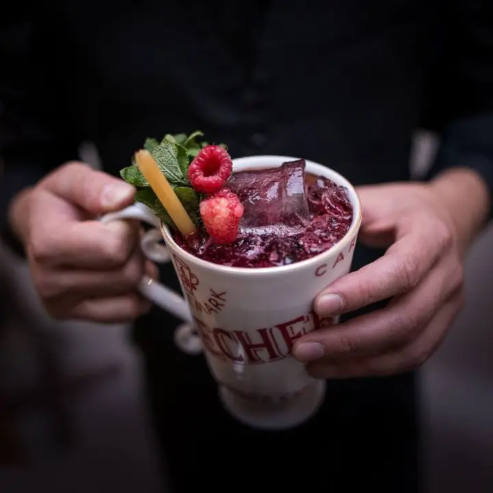 A cocktail at AnonymouS Bar. A dark maroon liquid fills a white mug and it is garnished with raspberries and a mint sprig