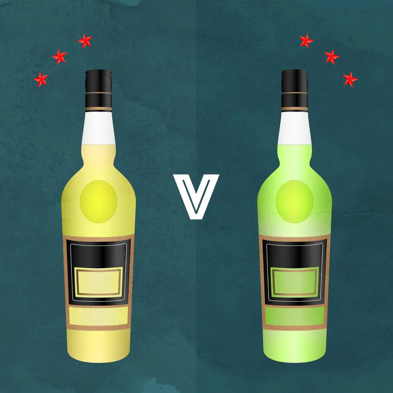 illo of Yellow & Green Chartreuse bottles against a dark teal background with floating red stars