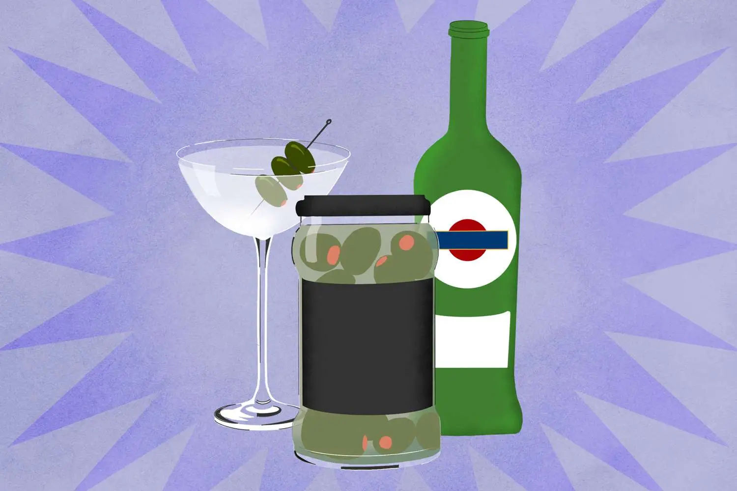Martini, jar of olives, and dry vermouth