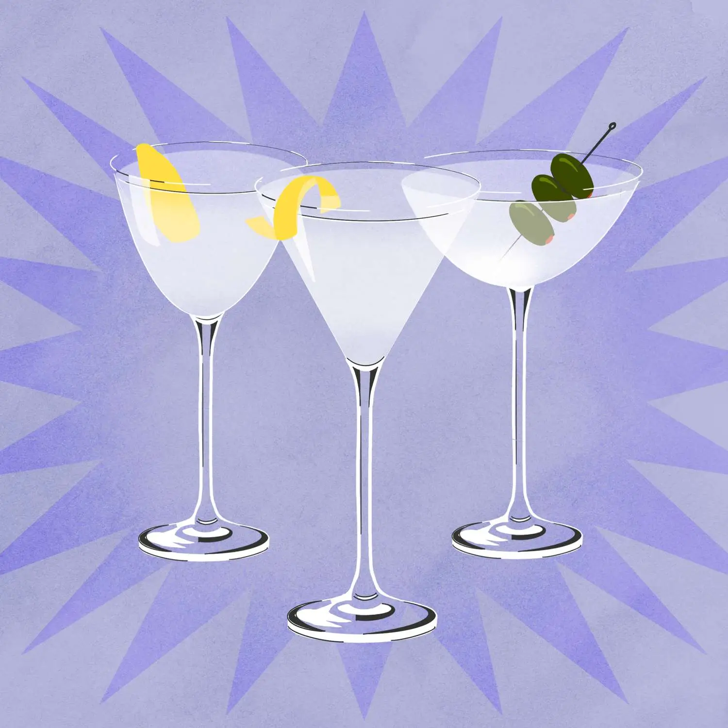 Illustration of three Martinis in coupe glass, v-shaped martini glass, and Nick & Nora glass, with various garnishes