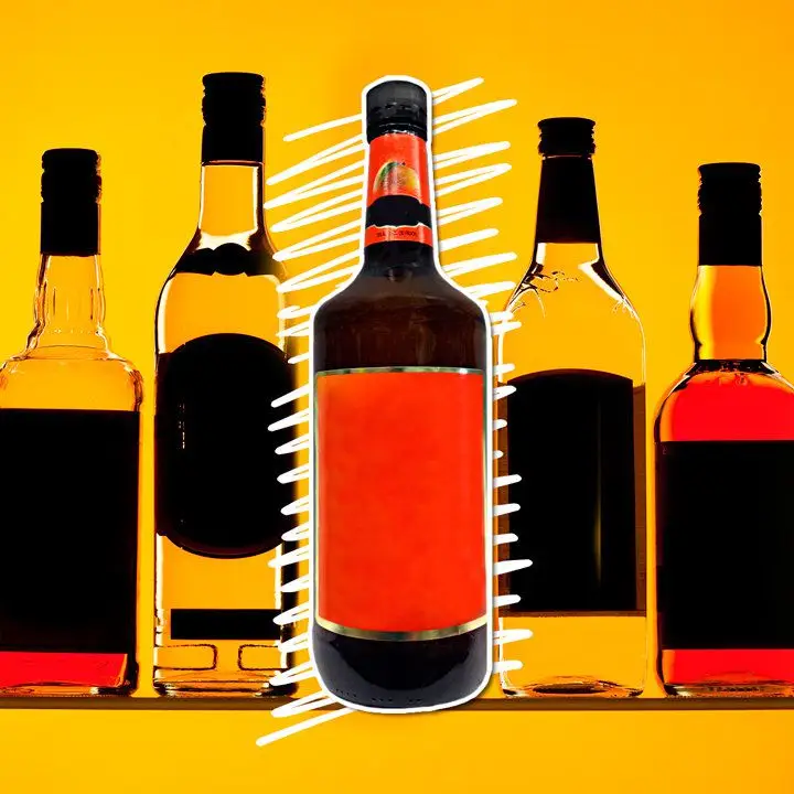 An orange-hued photo illustration of various liquor bottles with the center bottle emphasized by white hand-drawn lines