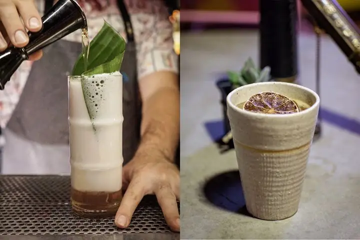 Two side-by-side cocktail photos—a creamy, shaken Canchánchara in a Collins glass on the left and a shaken yellow-hued drink garnished with a dehydrated citrus wheel on the right