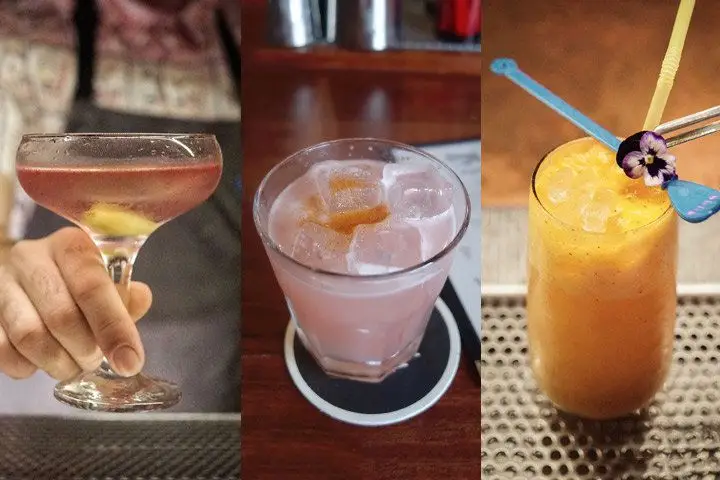 Three side-by-side cocktail photos; from left to right, a rosy drink served in a coupette, a shaken light pink cocktail in a double rocks glass, and a bright orange cocktail on crushed ice
