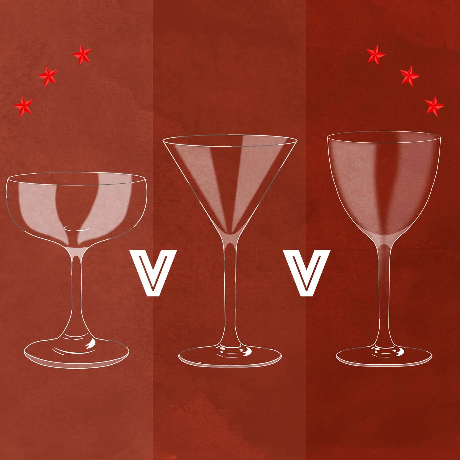 Martini glasses: coupe, v-shaped and Nick & Nora glasses against a red background
