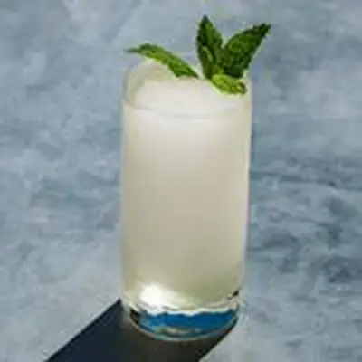 A Collins glass on a gray stone surface is filled with a white, slushy drink blended up. It’s garnished with a sprig of mint.
