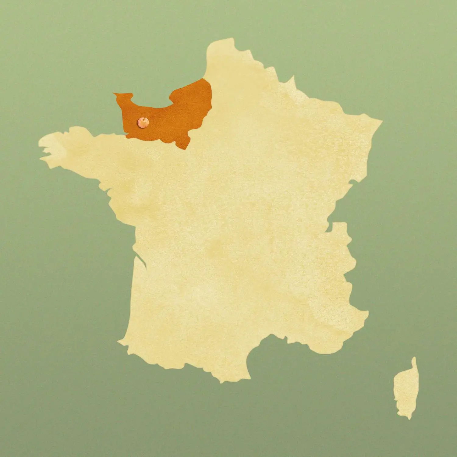 Illustrated map of France with shaded-in Normandy region and apple