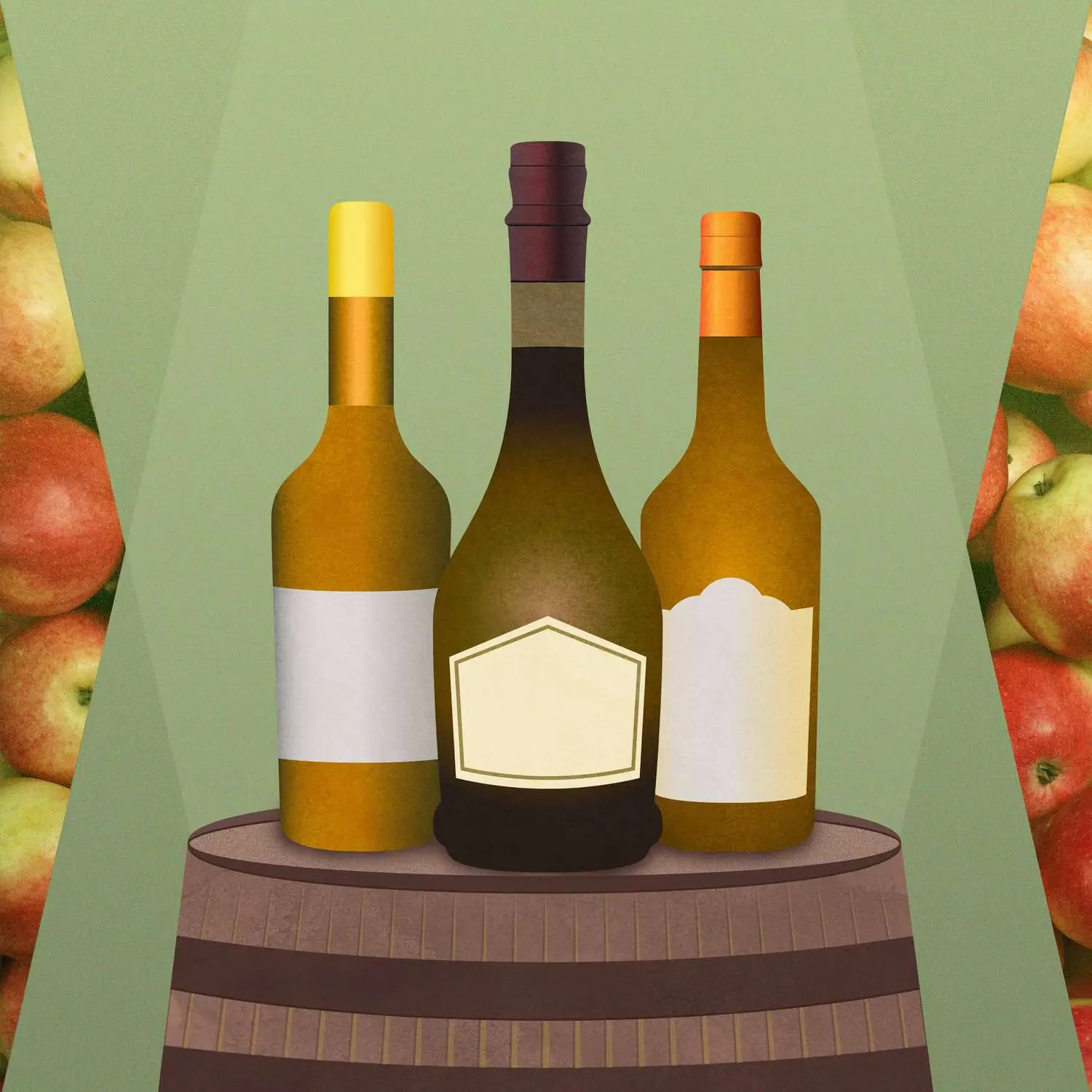 Three Calvados bottle on oak barrel with green background and inset of apples photo