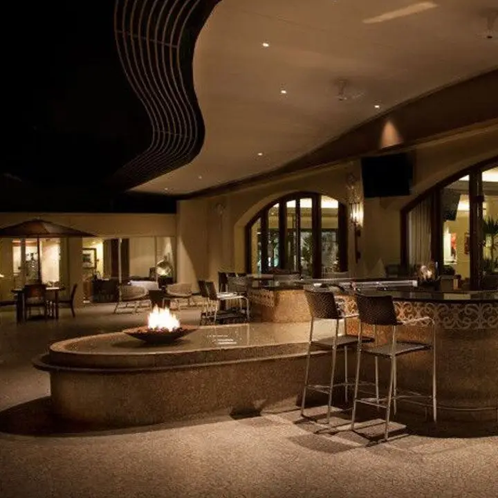 Q Bar at the InterContinental, San Juan. A firepit of sorts burns near one of the bars