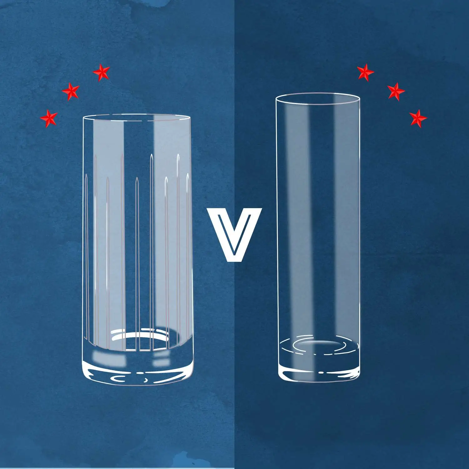 Illustration of a wider Collins glass and narrower highball glass side by side, with versus sign between them