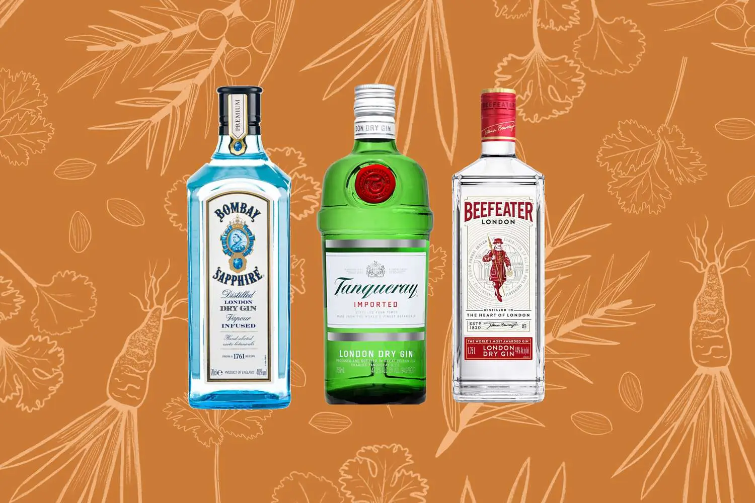 Bottles of Bombay Sapphire, Tanqueray Gin and Beefeater Gin on orange background with illustrated botanicals of orris root and juniper