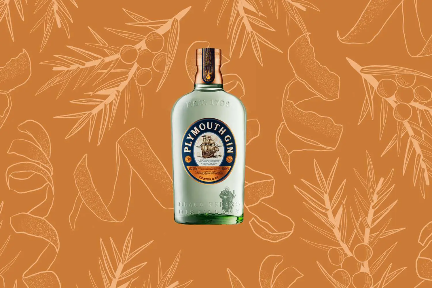 Bottle of Plymouth Gin on orange background with illustration of botanicals including citrus peel and juniper