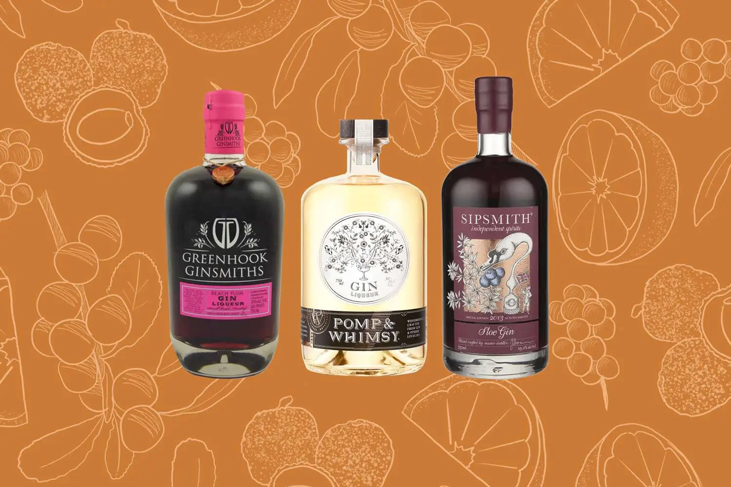 Bottles of Greenhook Ginsmiths Gin Liqueur, Pomp & Whimsy, and Sipsmith Sloe Gin on orange illustrated background featuring sloe berries, citrus and beach plums