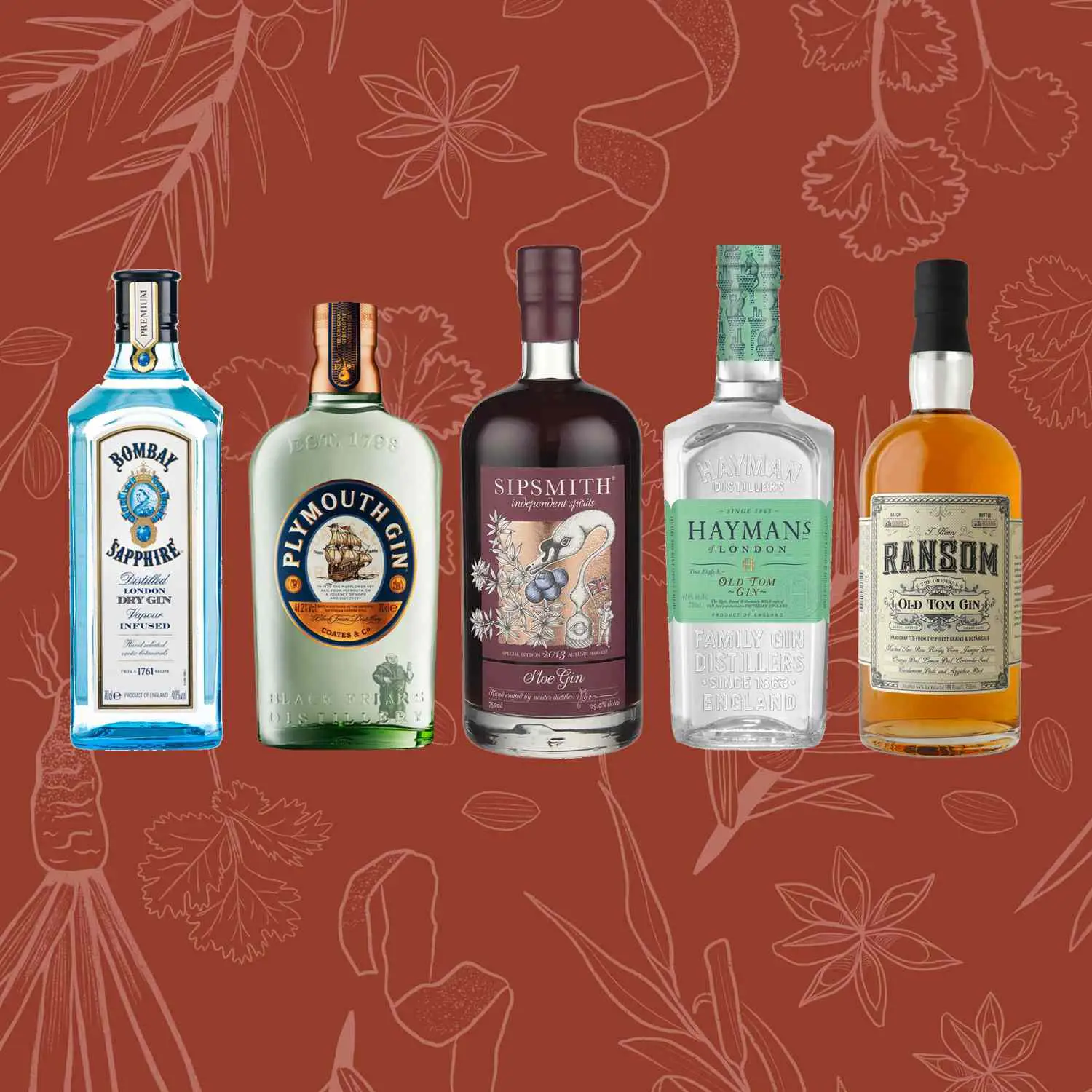 Bottles of Bombay Sapphire, Plymouth Gin, Sipsmith Sloe Gin, Hayman