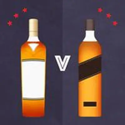 Illustrated bottles of single malt and blended Scotch whisky against purple background with versus sign between them 
