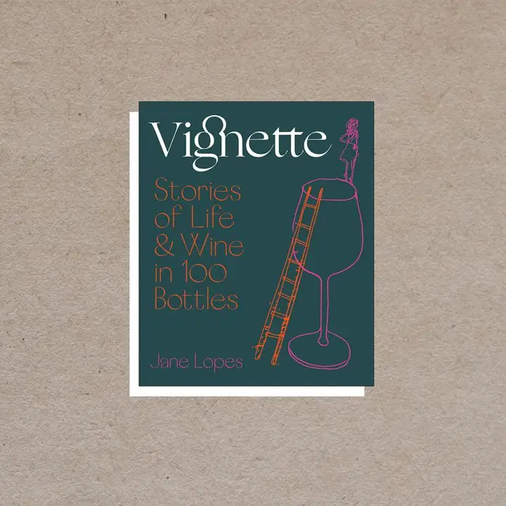 Vignette cover, dark teal with white, orange, and purple text alongside a purple and orange illustration of a ladder against a glass of wine and a girl standing on the rim