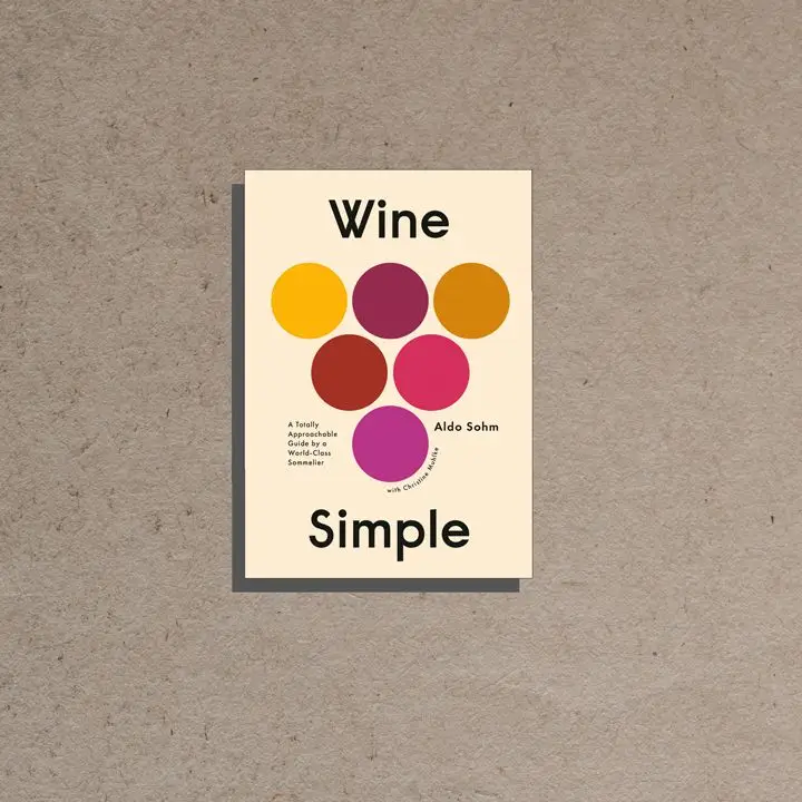 Wine Simple cover, off-white background with large black sans serif text around a graphic of six multicolored circles in the shape of a grape bunch