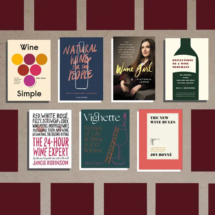 wine books composite with beige and burgundy geometric background