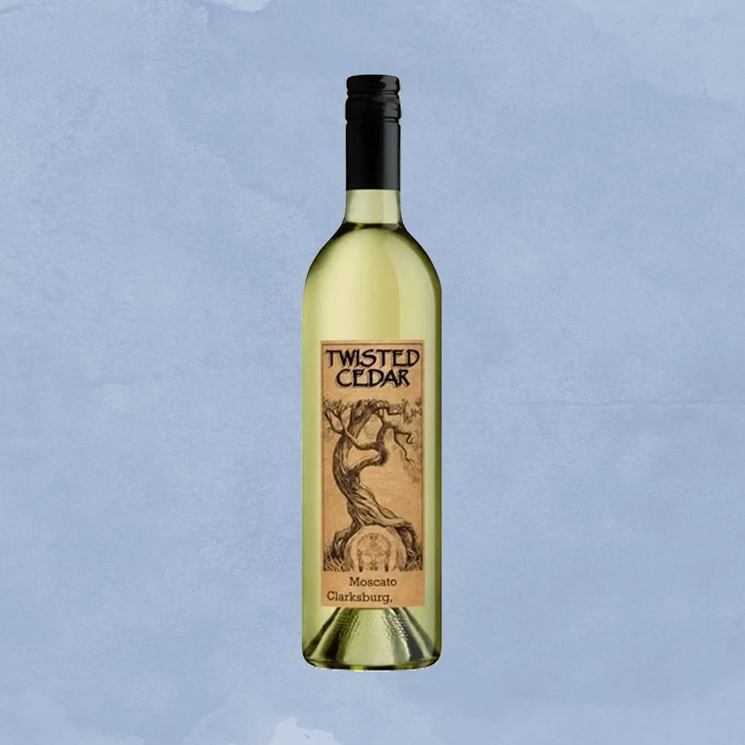 Twisted Cedar moscato bottle against light blue background