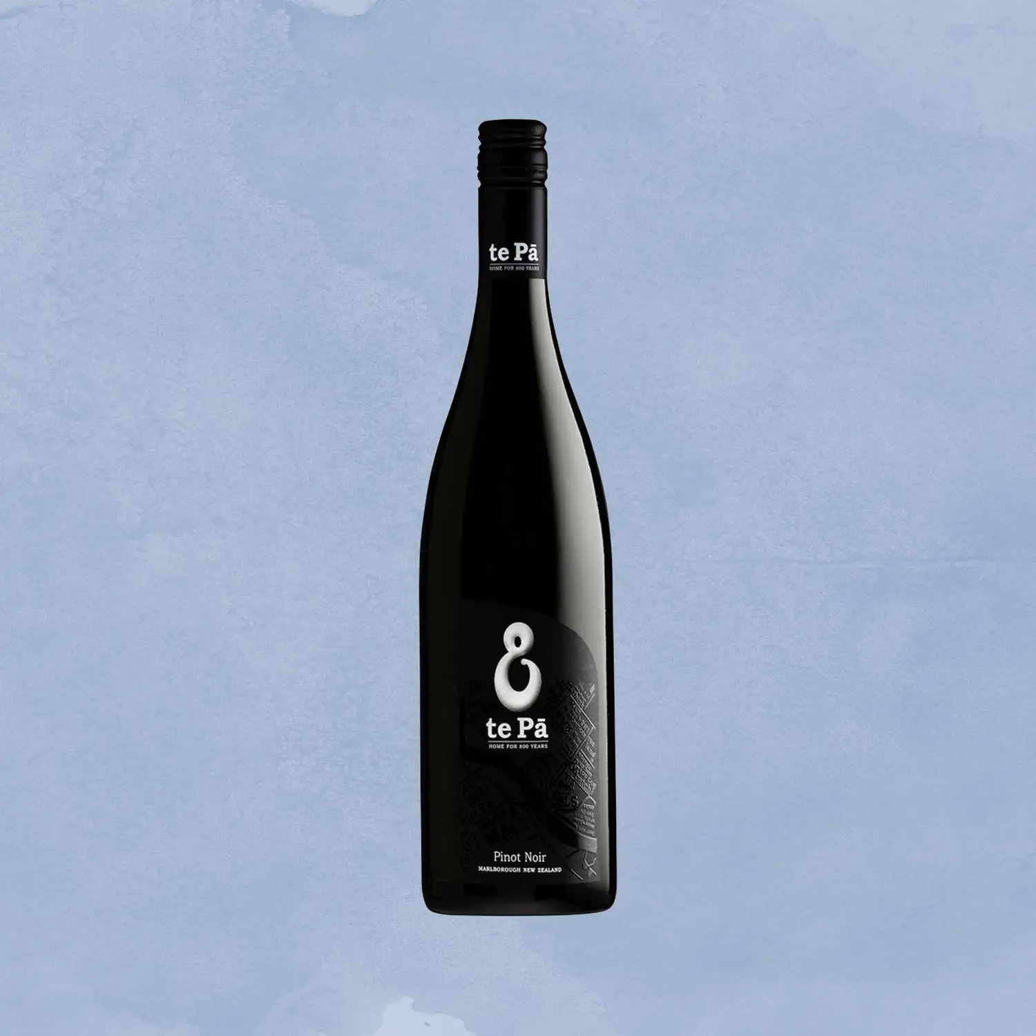 te Pa pinot noir bottle against light blue background