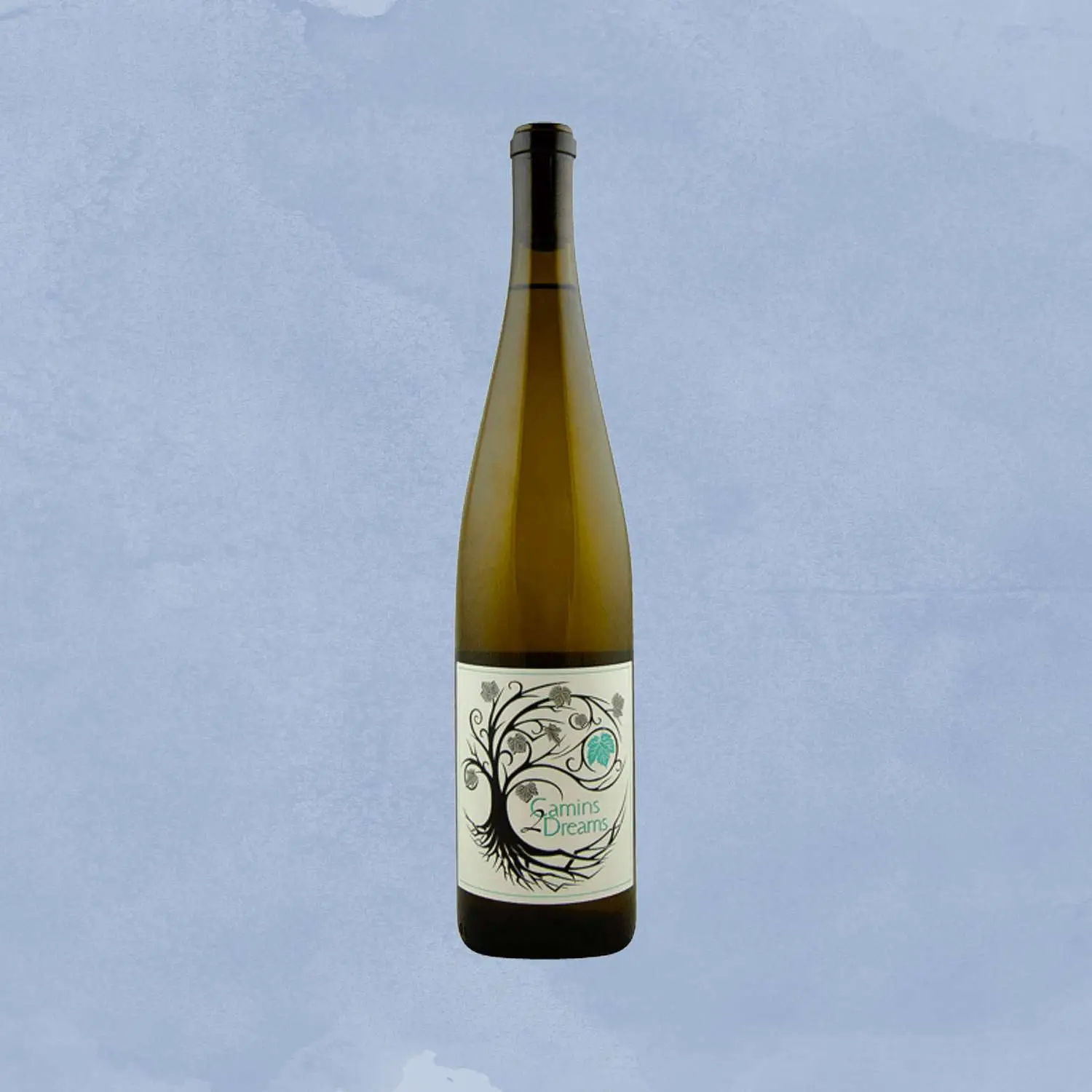 Camin 2 Dreams gruner veltliner bottle against light blue background