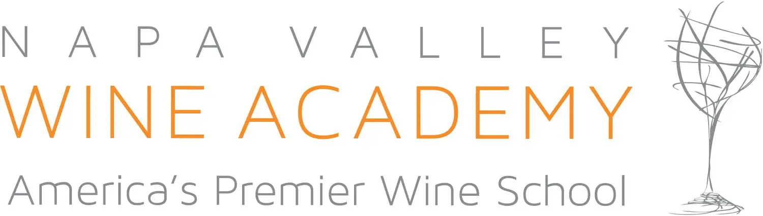 Nappa Valley Wine Academy in orange and grey font with grey sketch wine glass