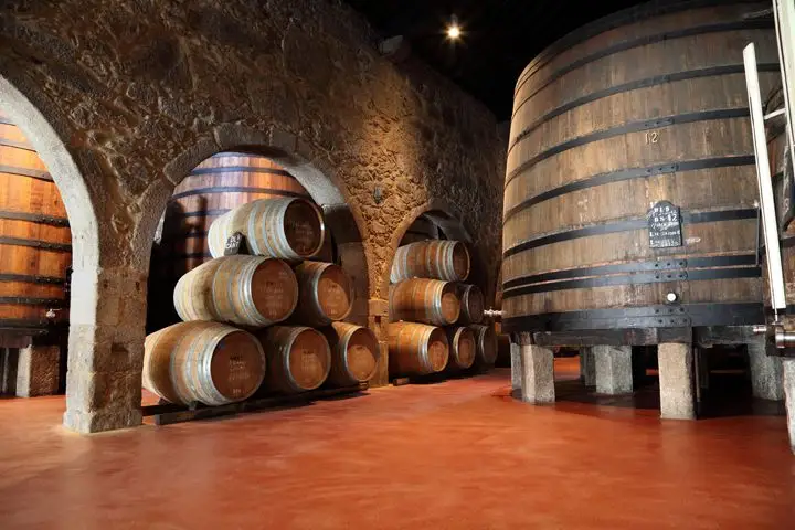 Inside a port cellar with red floors, stone walls, and stacked barrels