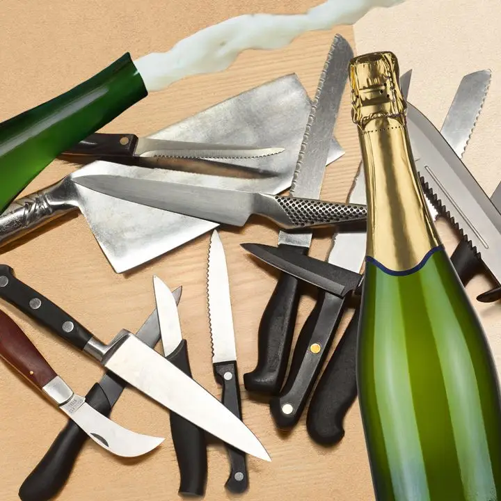 Photo of knives and Champagne bottles
