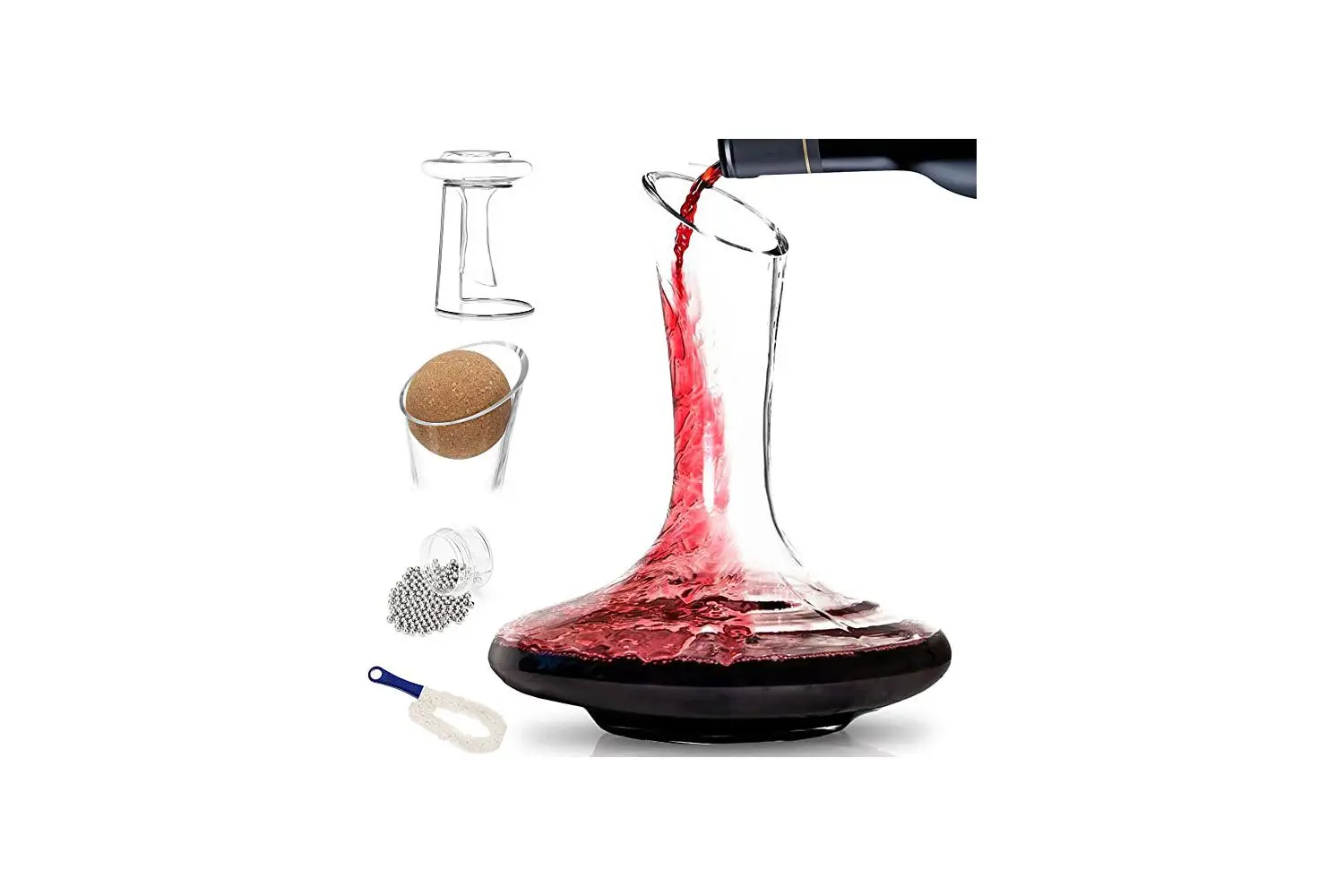 BTaT- XL Decanter with Drying Stand, Stopper, Brush and Beads, Hand Blown Crystal Glass, Wine Decanter, Wine Carafe, Wine Accessories, Red Wine Decanter, Wine Gift