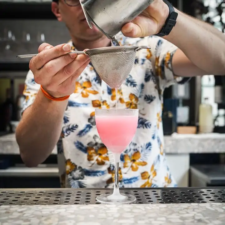 Cocktail at Oxalis made with Matchbook’s cherry blossom distillate, blanc vermouth, lime, Spanish rosé and Peychaud’s bitters