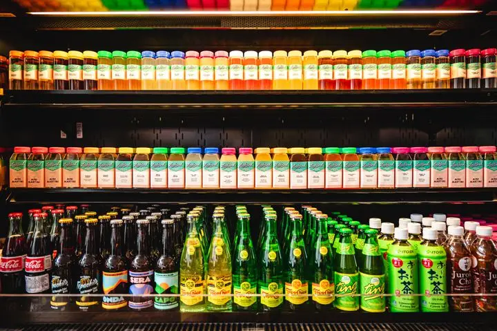 A rainbow assortment of carry-out cocktails and other drinks at Law Bird in Columbus, Ohio.