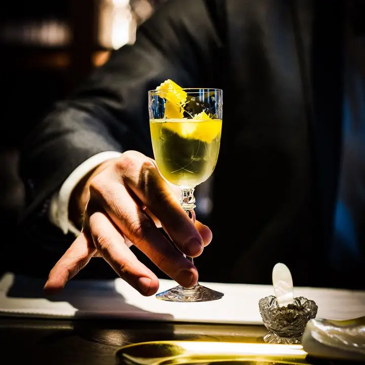 A Martini variation made with vodka, dry vermouth, Suze, Italicus, and lemon oil at The Vesper Club in Nashville