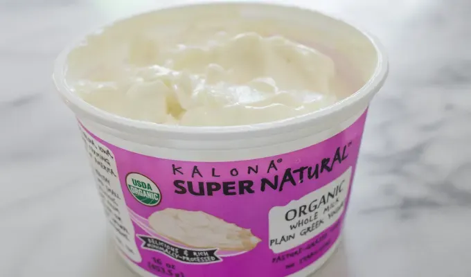 Kalona SuperNatural Greek yogurt in an open container.' title='Easy Blueberry Greek Yogurt Scones Recipe with Lemon
