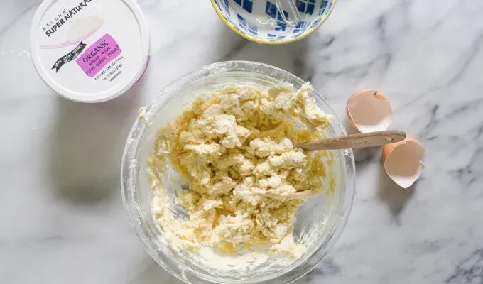 Mixing the dough together.' title='Easy Blueberry Greek Yogurt Scones Recipe with Lemon