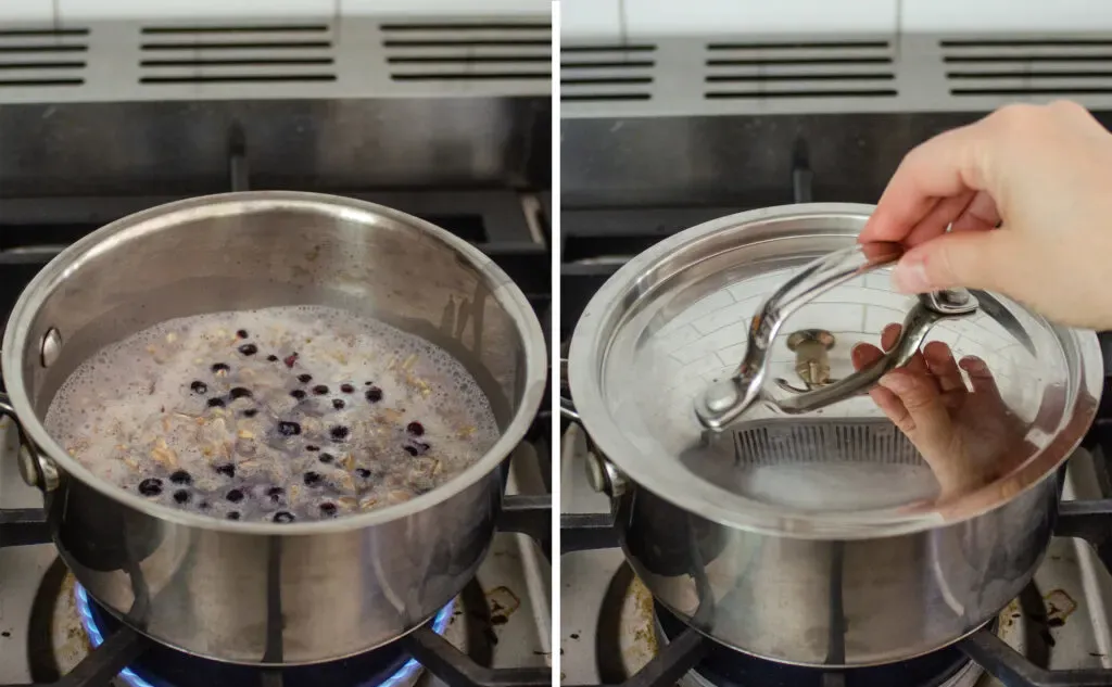 Simmering the blueberry oatmeal on the stove.' title='Blueberry Oatmeal Recipe