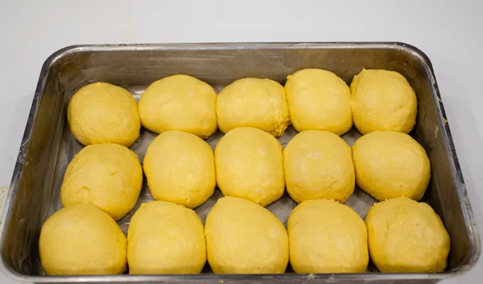 Placing the shaped dough balls in a greased 13x9 inch pan.' title='Pumpkin Sourdough Dinner Rolls