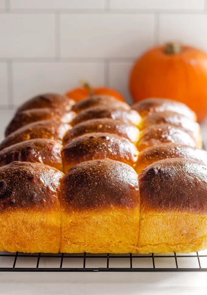 Pumpkin sourdough dinner rolls on a black wire cooling rack.' title='Pumpkin Sourdough Dinner Rolls