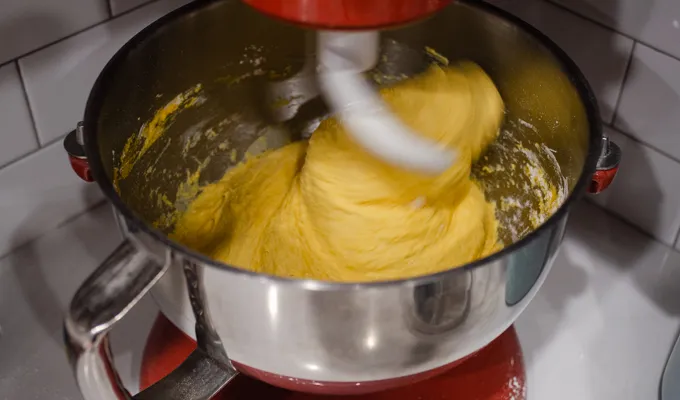 Kneading the dough with a stand mixer phase 2.' title='Pumpkin Sourdough Dinner Rolls