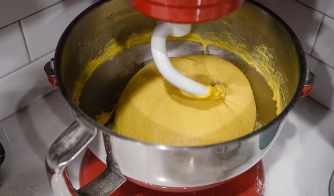 Kneading the dough with a stand mixer phase 3.' title='Pumpkin Sourdough Dinner Rolls