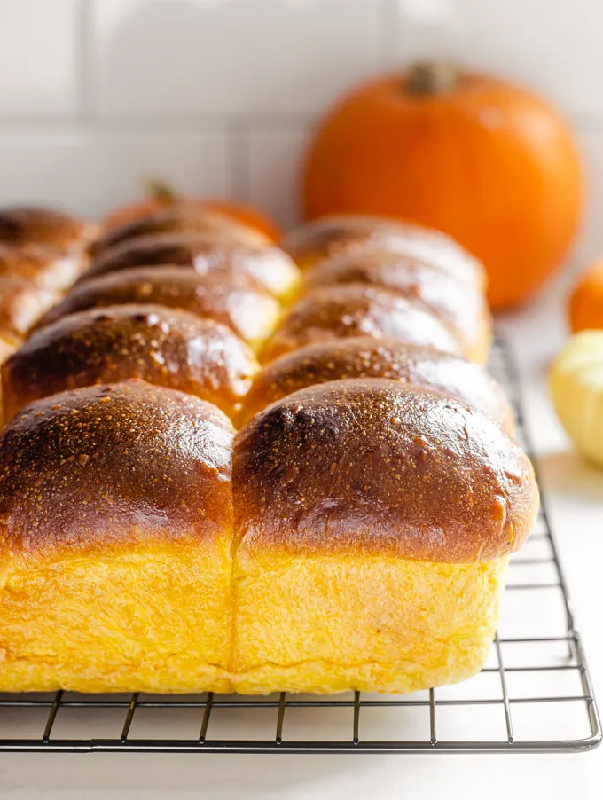 Pumpkin sourdough dinner rolls on a black wire cooling rack.' title='Pumpkin Sourdough Dinner Rolls
