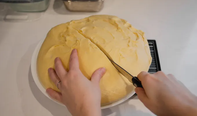 Dividing the dough in half.' title='Sourdough Brioche