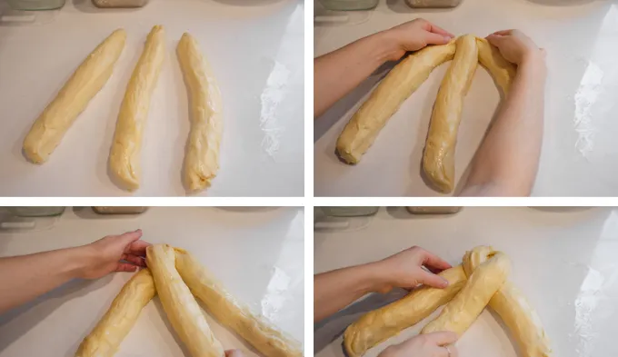 Braiding the brioche sourdough bread.' title='Sourdough Brioche