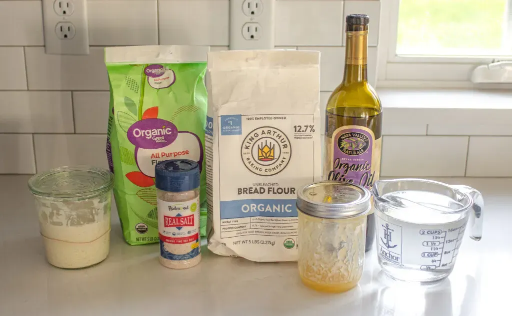 All of the ingredients needed to make sourdough focaccia.' title='Sourdough Focaccia Recipe