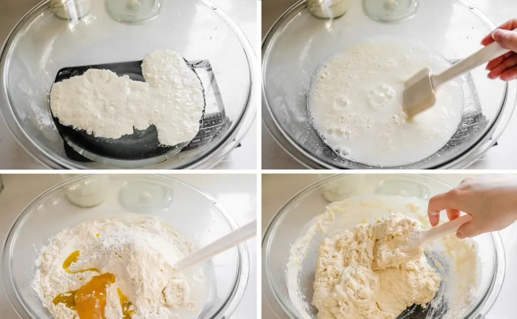 Mixing together the first part of the sourdough focaccia dough.' title='Sourdough Focaccia Recipe