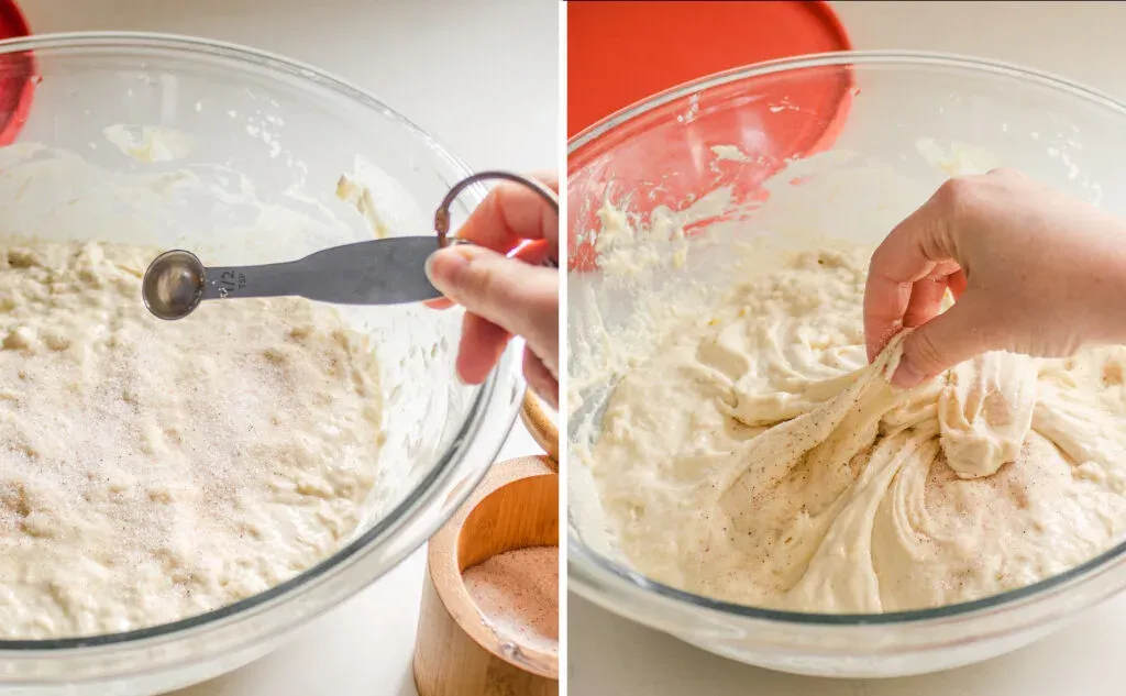 Adding the salt to the focaccia dough.' title='Sourdough Focaccia Recipe