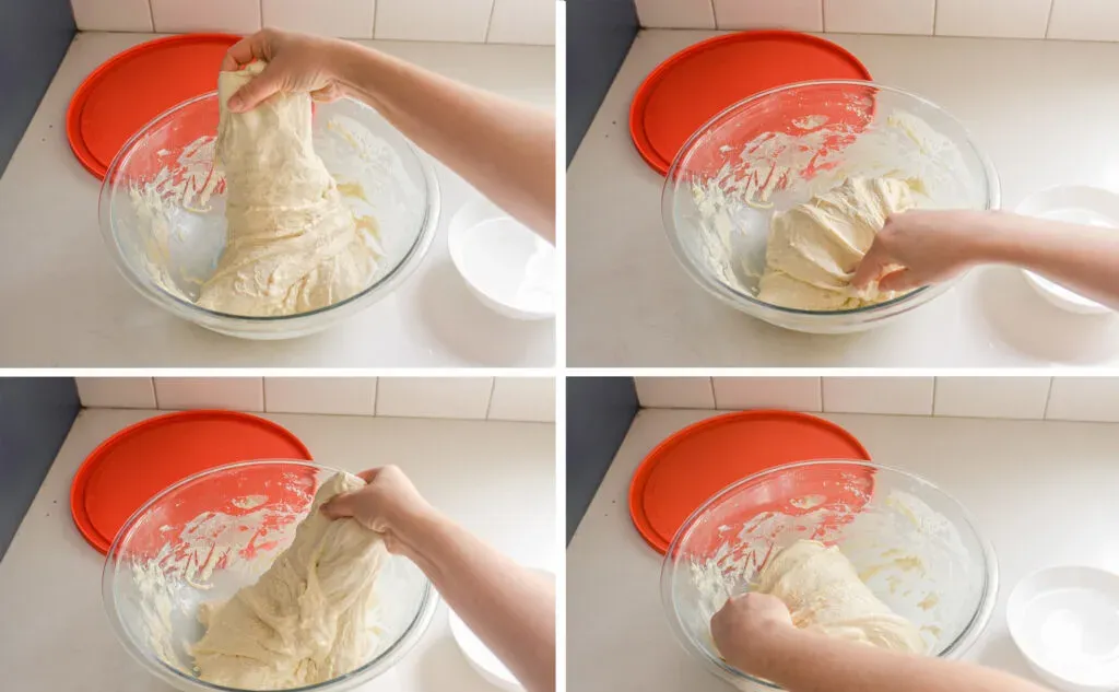 Performing a sequence of stretches and folds to develop the gluten in the sourdough focaccia dough.' title='Sourdough Focaccia Recipe