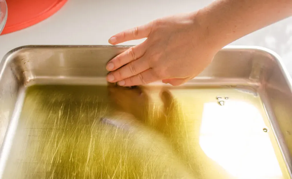 Spreading the olive oil on the side of the pan.' title='Sourdough Focaccia Recipe