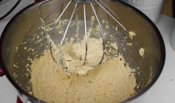 Creaming the butter and sugar together to make the strawberry rhubarb crumb cake.' title='Strawberry Rhubarb Crumb Cake