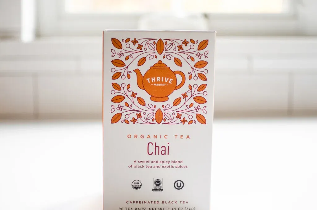 Thrive Market Masala Chai tea bags on a white countertop.' title='Best Organic Chai Tea