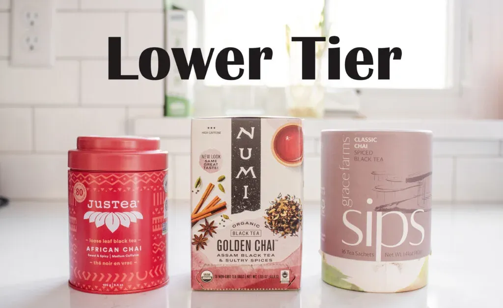 My least favorite of the organic chai tea brands I tried lined up on a white countertop.' title='Best Organic Chai Tea